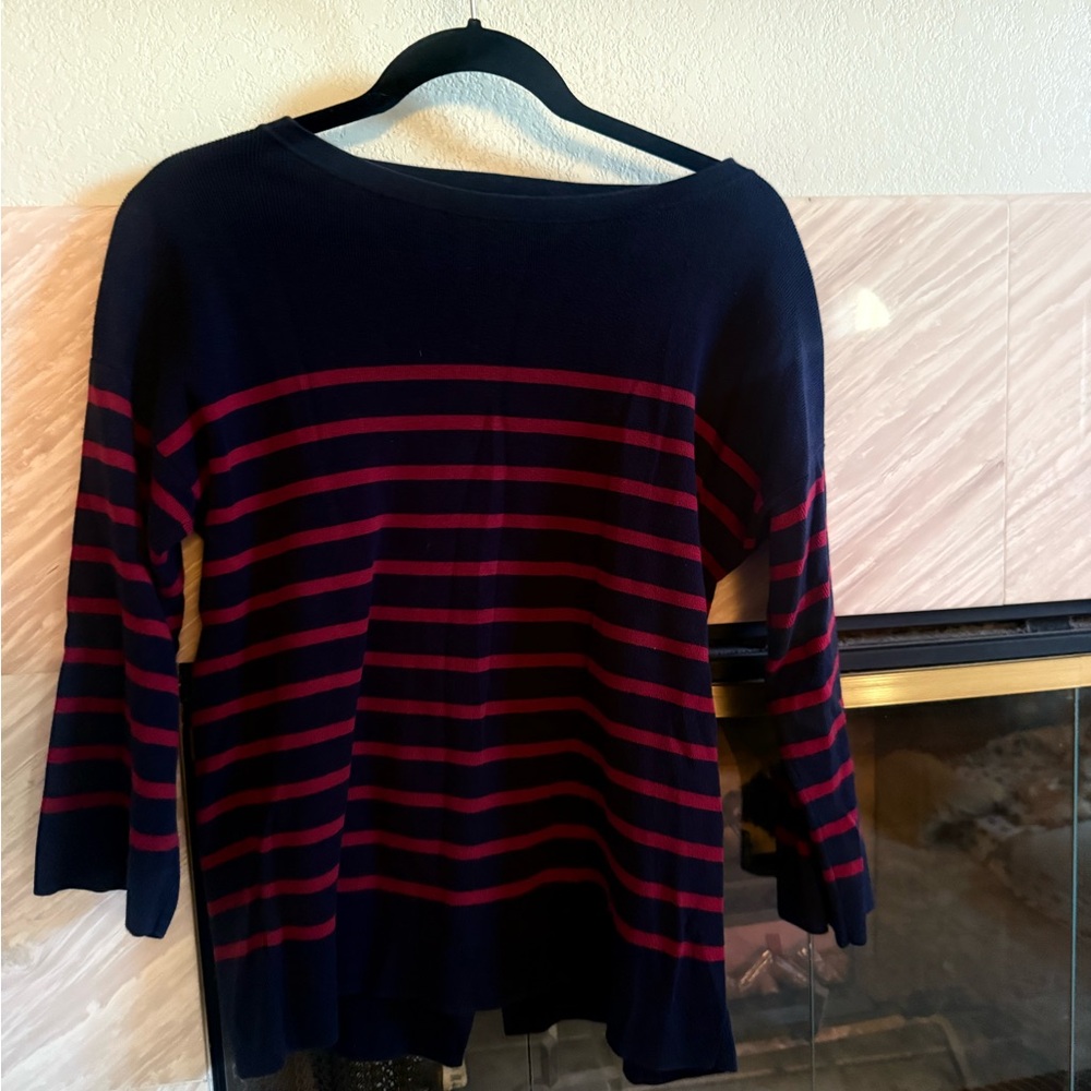LOFT Navy and Burgundy Striped Knit Sweater